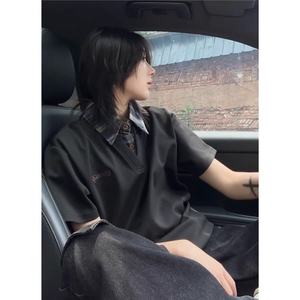 网图假两件衬衫领短袖男女美式复古格子学院风情侣上衣YY811-P35图片
