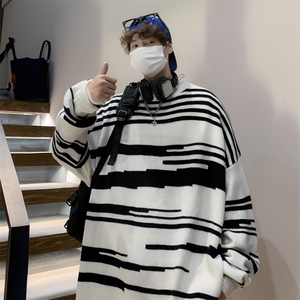 条纹慵懒风绒衫圆领套头针织衫秋冬季黑白宽松毛衣 M827-P35图片