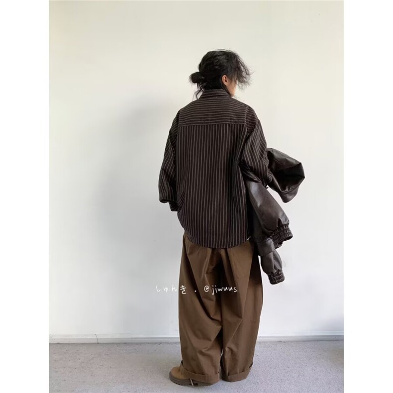 380-P37春秋套装日系复古条纹翻领衬衫男女港风宽松休闲百搭长袖,男装衬衫,电商B323A