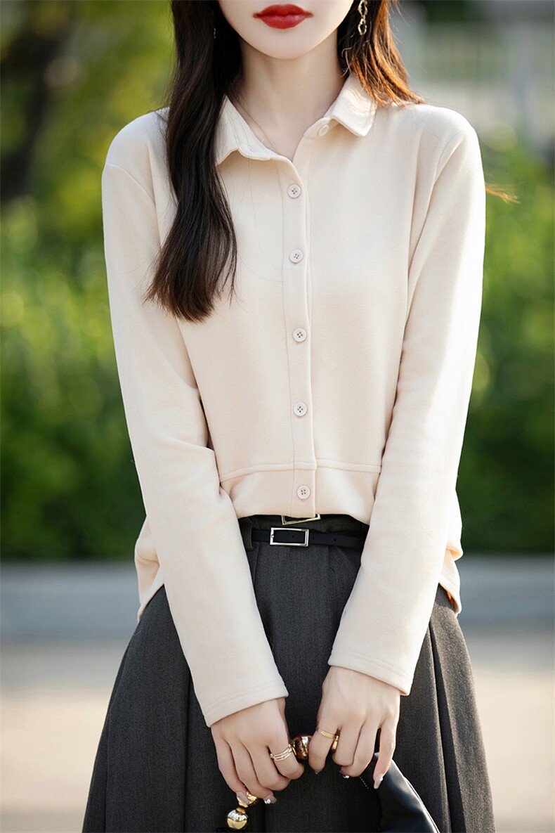 简约高级感POLO领打底衫女2025秋季新款双面磨毛软糯德绒衬衣开衫,女装T恤,佳绒高端店