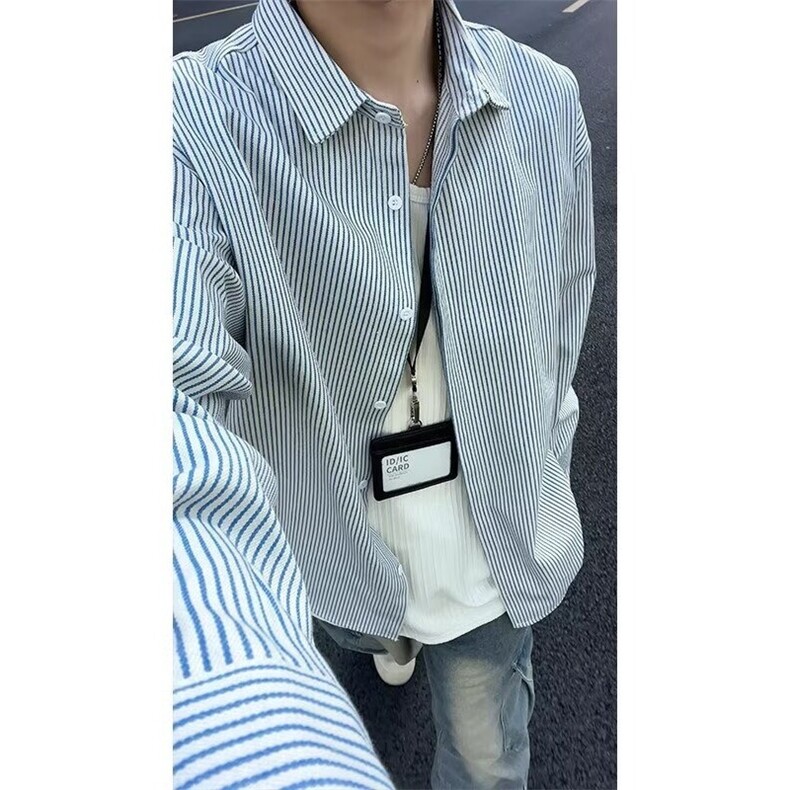 ins条纹衬衫男长袖春秋休闲衬衣港风高级感上衣宽松外套CSH238,男装衬衫,星座516A