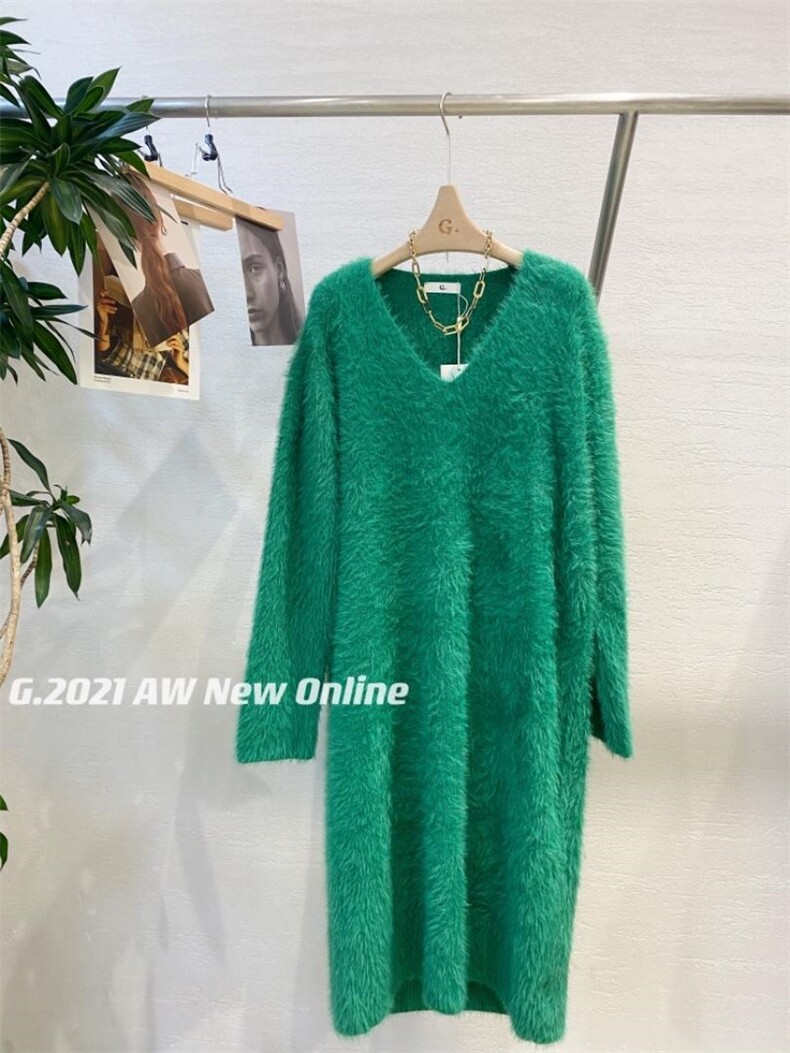 V领防水貂毛长款连衣裙现货，女装连衣裙，G