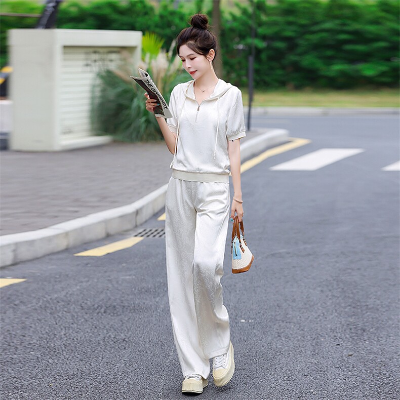 时尚套装女夏2025新款韩版提花冰丝宽松显瘦洋气减龄连帽两件套潮,女装套装/套裙,梦依杭