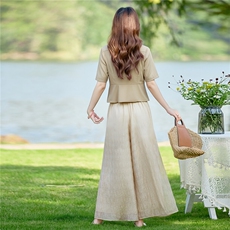 气质优雅纯色短袖收腰小翻领洋气衬衫阔腿裙裤两件套女，女装套装/套裙，水衣源