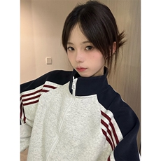 抖音得物高品质26春装美式高街重磅织带拼接撞色立领卫衣外套CM41，女装短外套，电商A486