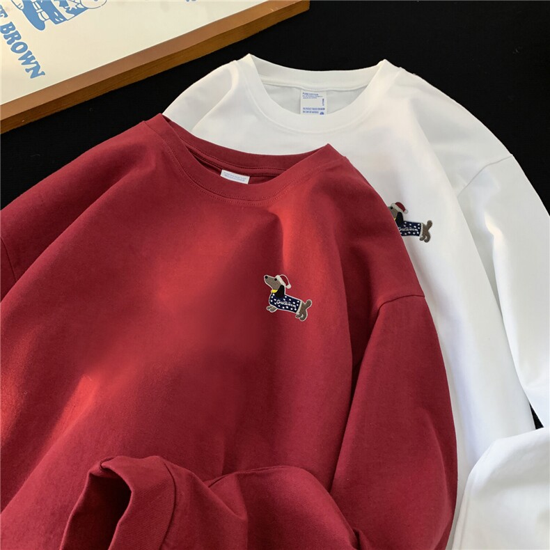现货2025春装新款腊肠狗刺绣宽松圆领长袖T恤A025-C68-P30控45,男装T恤,电商A025
