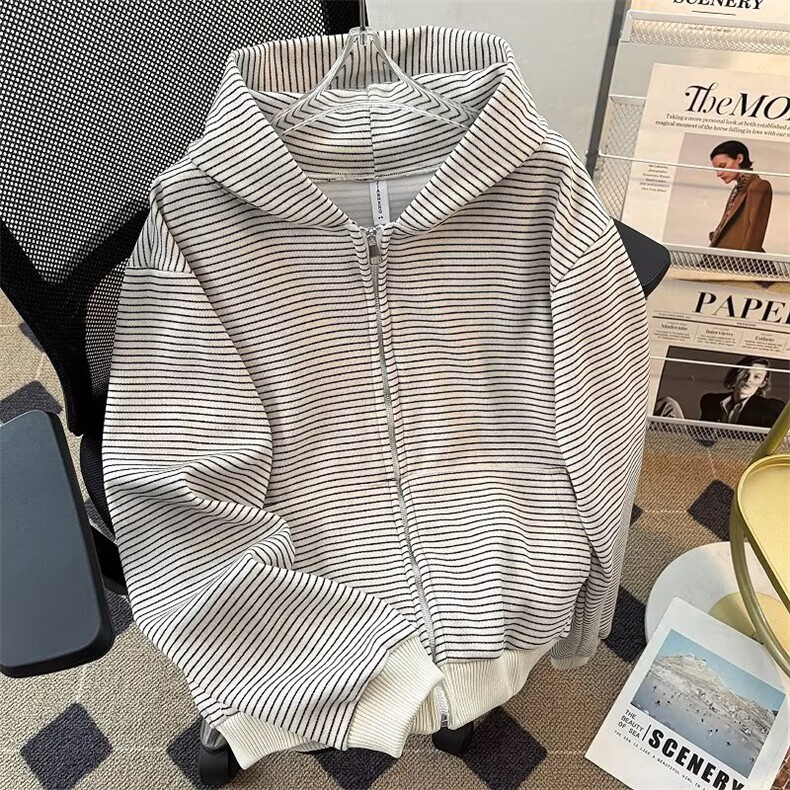 2025连帽拉链卫衣休闲宽松秋冬条纹百搭加厚外套男女款1551P63，女装短外套，星座410-2