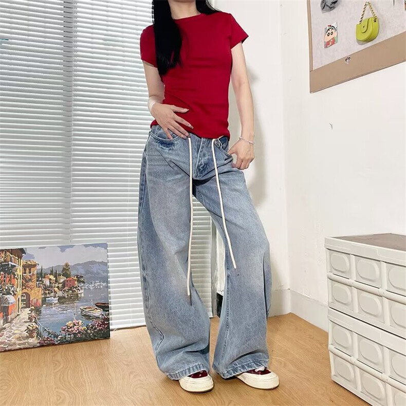 2026美式复古蓝色水洗弯刀牛仔裤男女情侣抽绳裤子K70966-P48网图,男装牛仔裤,电商B245