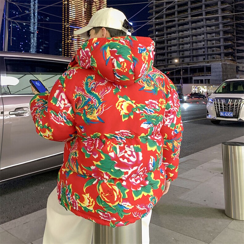 红色东北大花布衣服秋冬棉袄男情侣大学生中国风东北过冬棉服棉衣图片