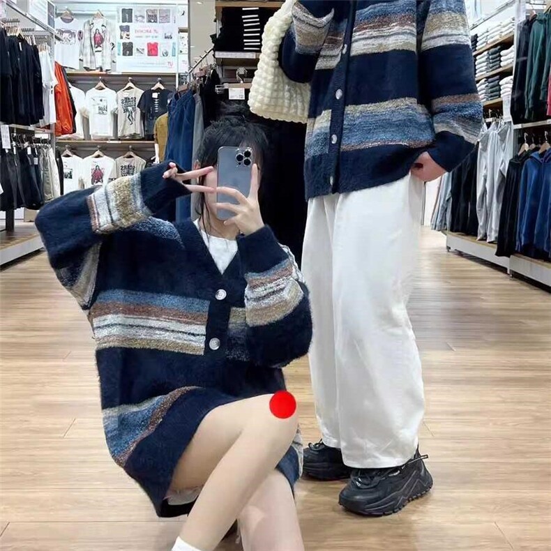 网图现货84861-特P65美式条纹V领开衫毛衣女潮牌情侣装针织衫外套,针织衫/毛衣,电商D310B