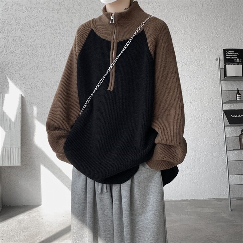 8XL-M撞色半拉链毛衣宽松慵懒风插肩袖大码针织衫外套MY1513/P75,男装针织衫/毛衣,电商B238
