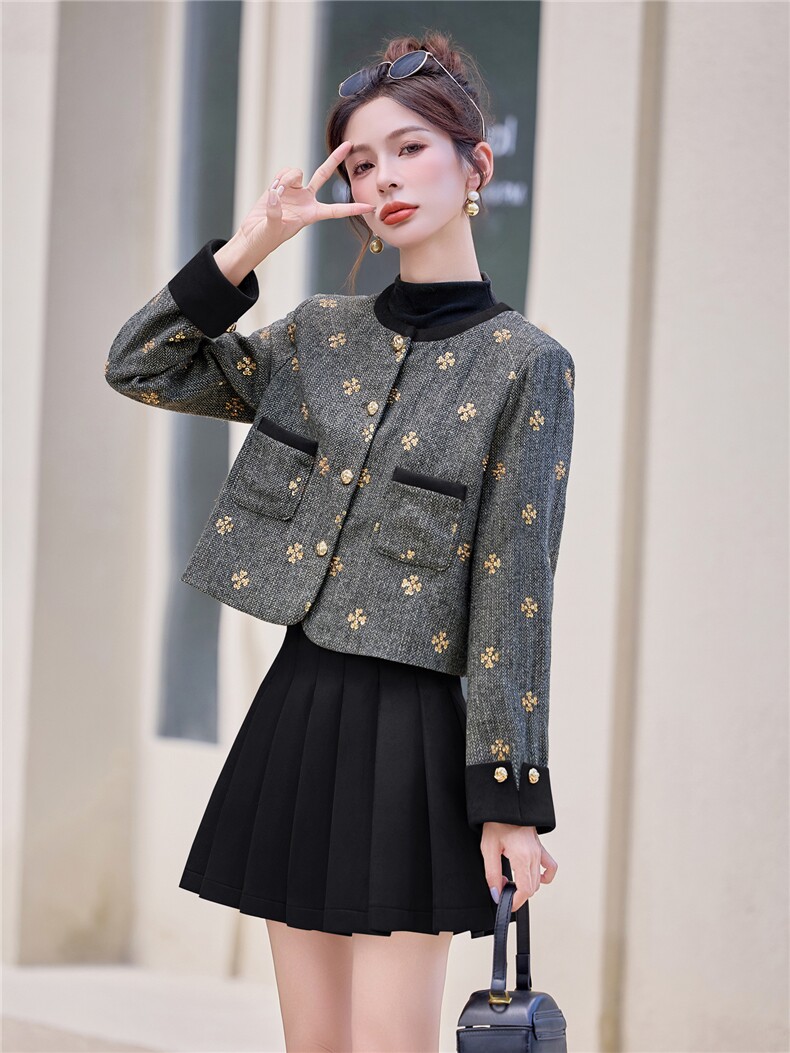 现货2025年新款小香风粗花呢套裙秋冬淑女短外套麂皮绒百折裙短裙,女装套装/套裙,兰菲阁