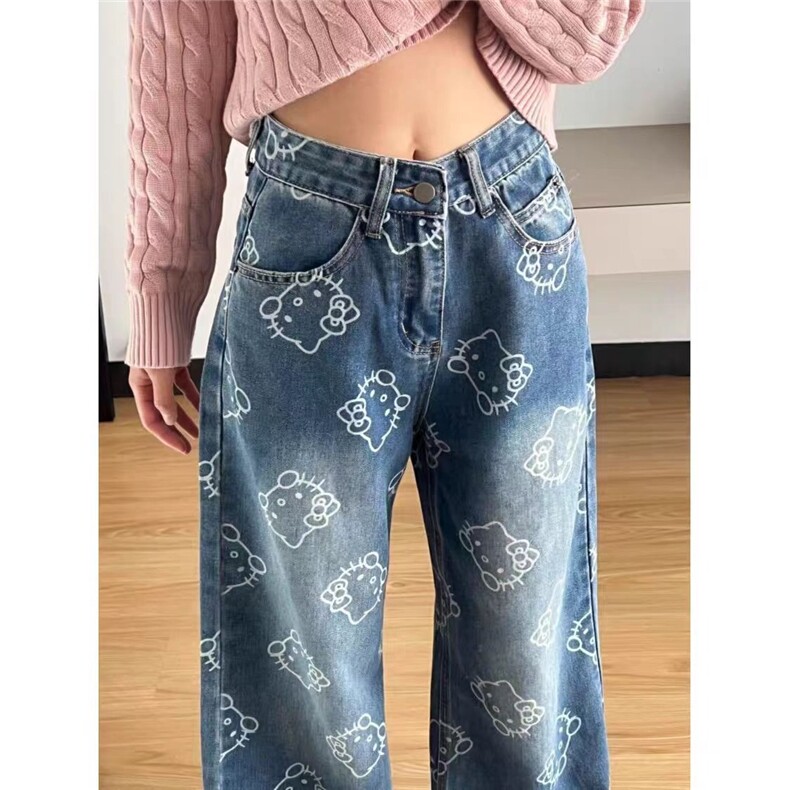 kitty印花牛仔裤女春秋季2025新款可爱甜美卡通高腰宽松拖地裤子,男装牛仔裤,星座506A