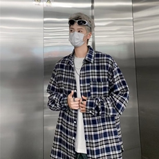 复古磨毛破洞红蓝拼色格子衬衫长袖男潮宽松美式情侣衬衣CS03/P40，男装衬衫，星座506