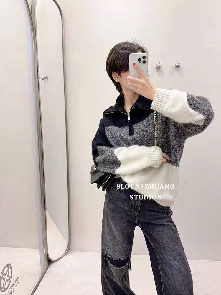 秋冬新款半拉链立领花纱拼色100%纯羊毛衫女宽松慵懒亲肤针织上衣,针织衫/毛衣,忠诺羊绒