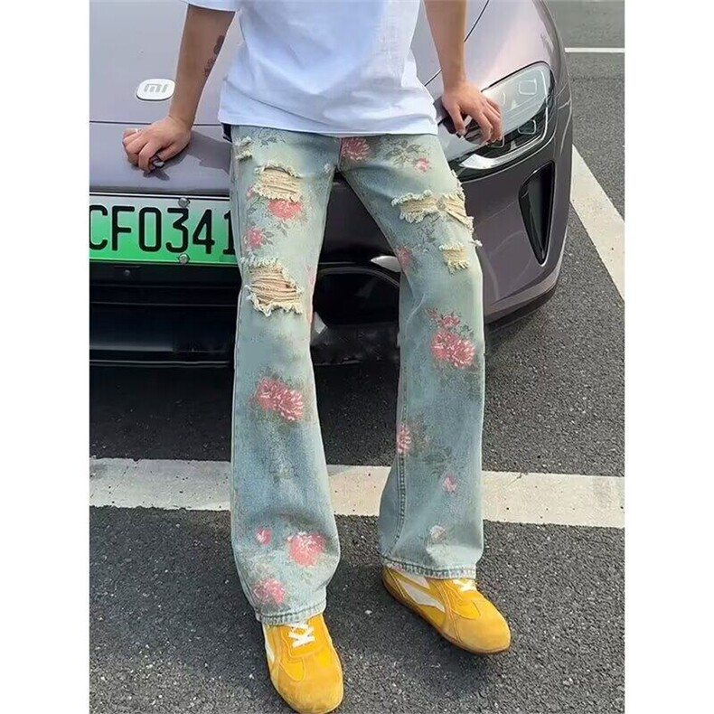 玫瑰花卉破洞牛仔裤男女2025夏季新款痞帅炸街裤子宽松直筒微,男装牛仔裤,星座218-1（原230）