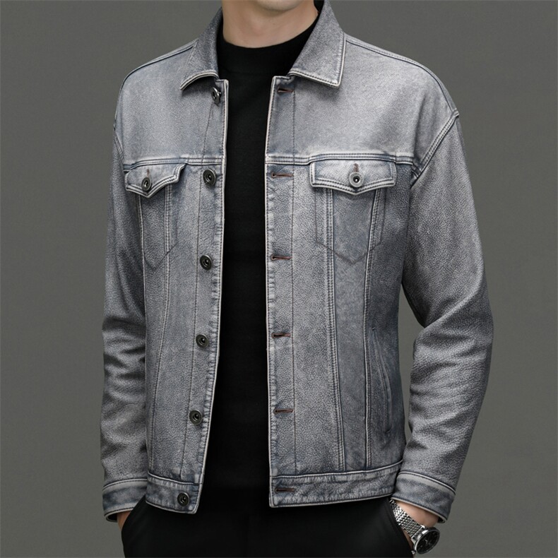 2312秋冬新款男士真皮皮衣牛皮外套翻领工装男装夹克牛仔风P1250，男装夹克，电商B360A（原721A）