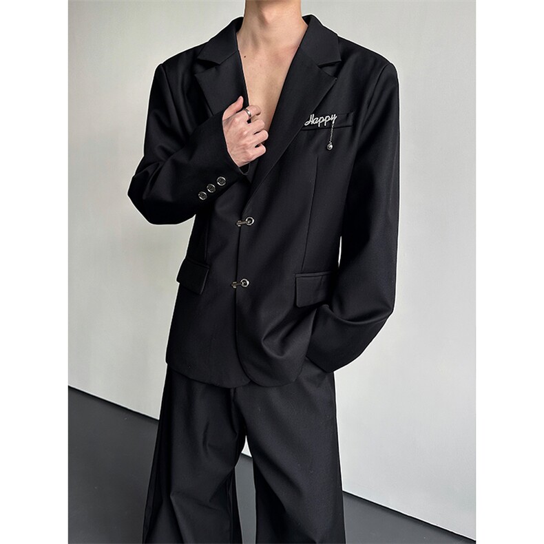 高级感廓形黑色垫肩西装外套男小众设计金属扣休闲西服XZ22P125,男装西服套装,星座512-1（原513-3）