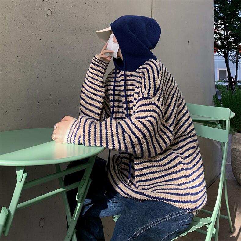 港风秋款男连帽毛衣条纹拼接针织衫休闲打底外套M7025P60,男装针织衫/毛衣,星座1013-1