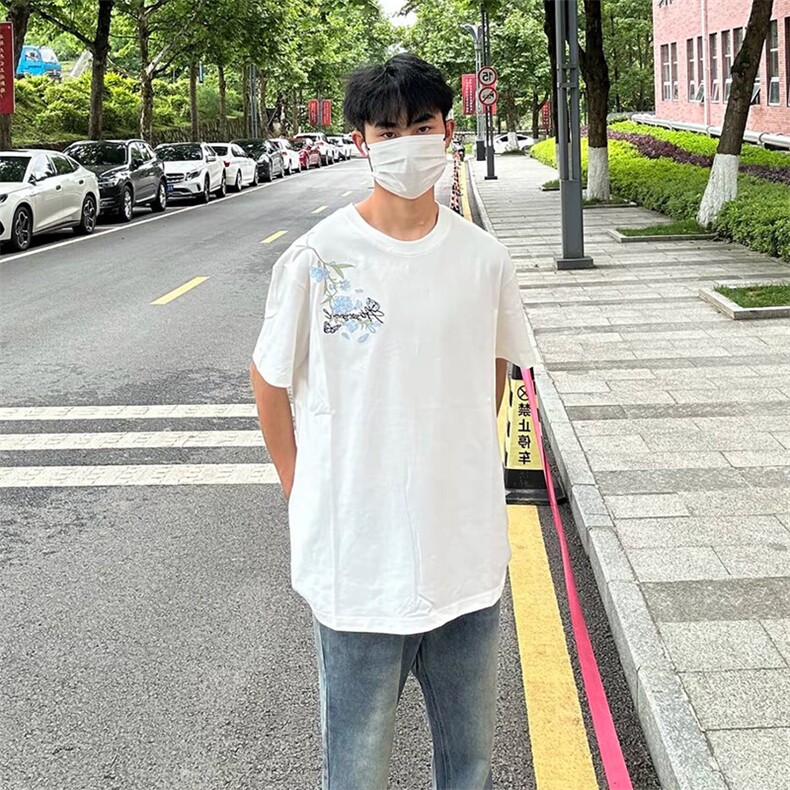 万针全刺绣解构设计260克重磅双纱纯棉高品质美式高街短袖T恤特35,男装T恤,电商A486-1