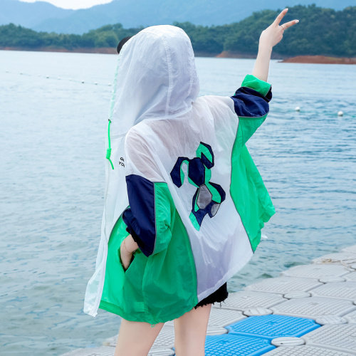 撞色拼接防晒衣女中长款夏季新款2024休闲户外薄款透气冲锋衣外套，女装防晒衣，帛香坊