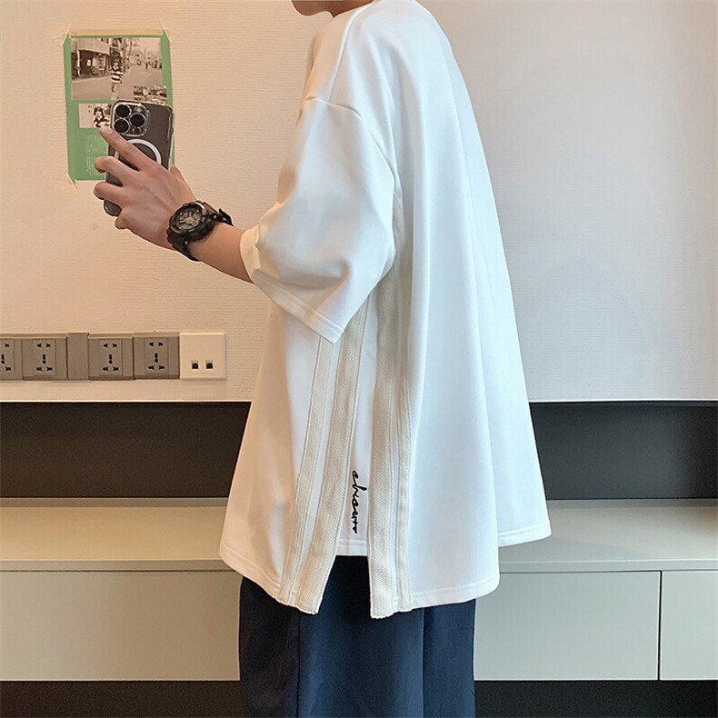 撞色条纹开叉短袖t恤男夏季2025新款设计感小众宽松休闲半袖衣服图片