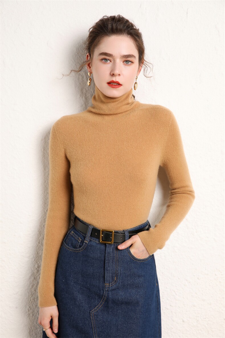 一线成衣纯山羊绒衫女士堆堆领毛衣2024冬新款修身针织打底衫,女装羊绒衫,绒源之鑫
