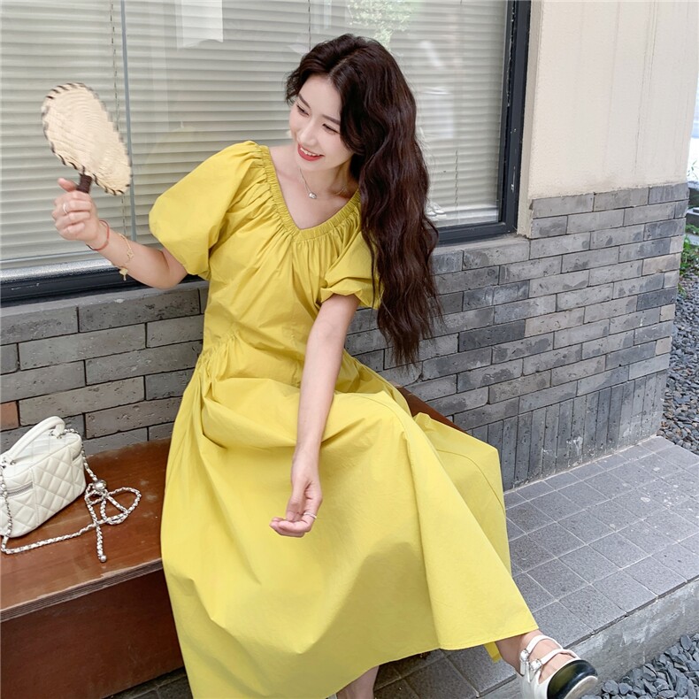 【现货】黄色V领连衣裙1C045P-H557135K198,女装连衣裙,红龙果