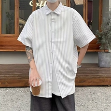 1506/Q5850/P35港风ins条纹衬衫男短袖百搭宽松七分袖衬衣，男装T恤，星座1506