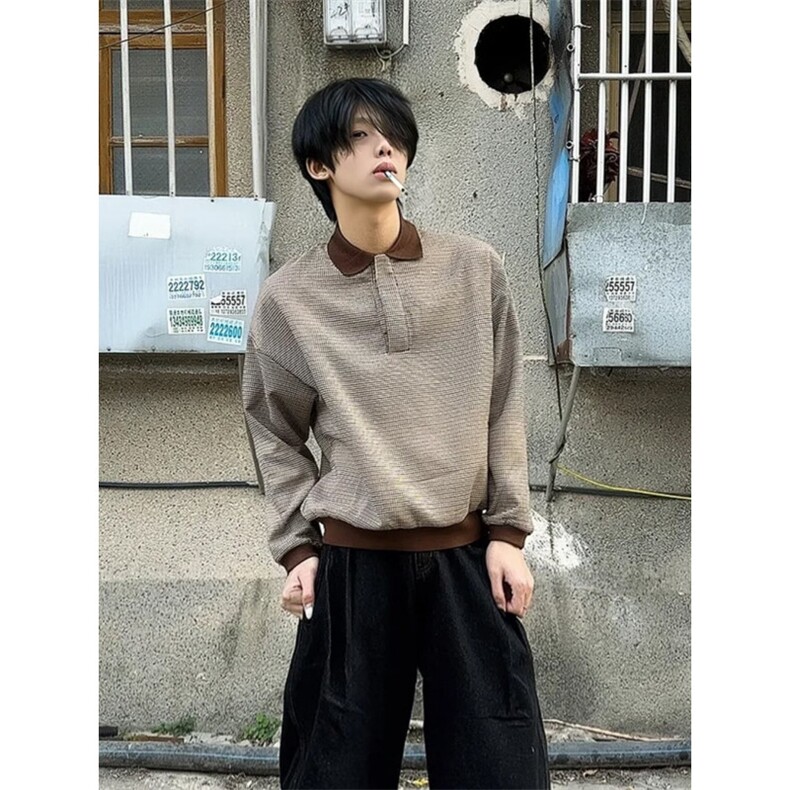 秋季复古千鸟格撞色拼接Polo领条纹衫休闲长袖T恤卫衣WYX79,男装Polo衫,星座516A