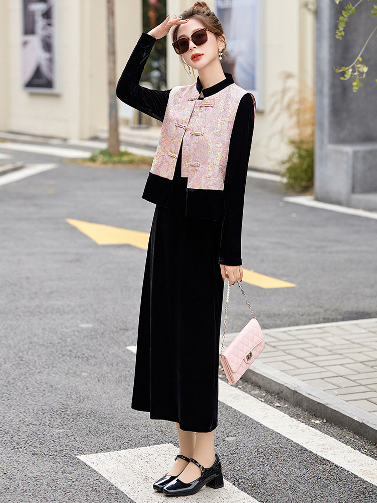 新中式连衣裙女2025春季新款今年流行国风马甲丝绒裙子两件套套装,女装套装/套裙,流量+