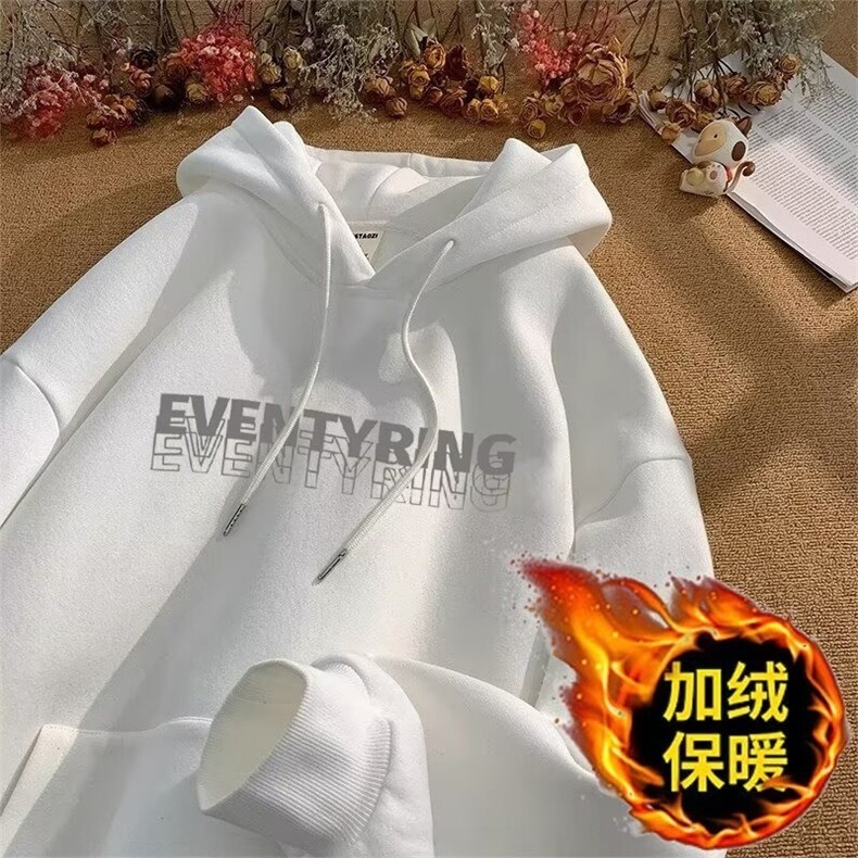 美式复古连帽加绒卫衣女春秋oversize设计感小众chic港风秋冬外套图片