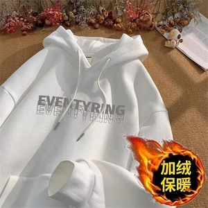 美式复古连帽加绒卫衣女春秋oversize设计感小众chic港风秋冬外套图片
