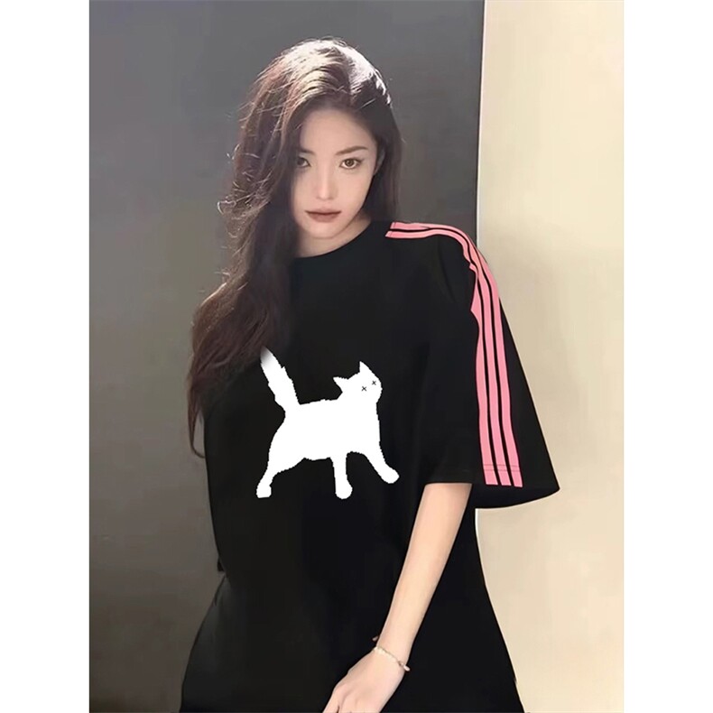 抖音得物品质二开240克宽松纯棉美式潮牌印花三条杠中性风短袖T恤,男装T恤,电商A486-1