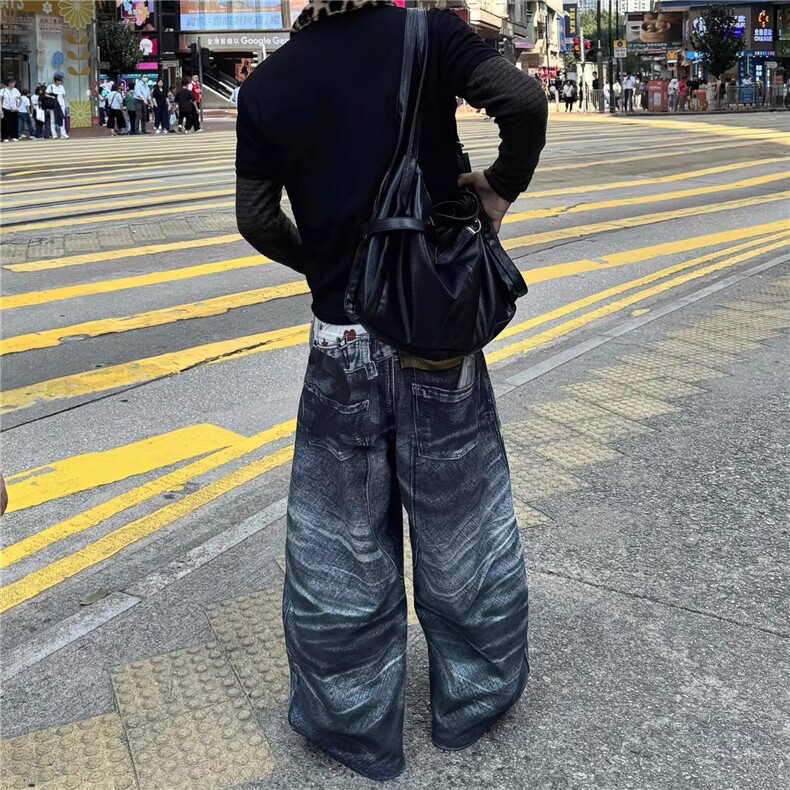 欧美复古街头涂鸦印花破洞乞丐牛仔裤男潮牌宽松嘻哈炸街阔腿长裤,男装牛仔裤,星座813-2