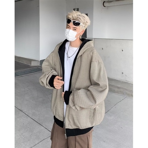 春秋美式两面穿千鸟格连帽拉链外套潮牌男女款夹克 W8512图片