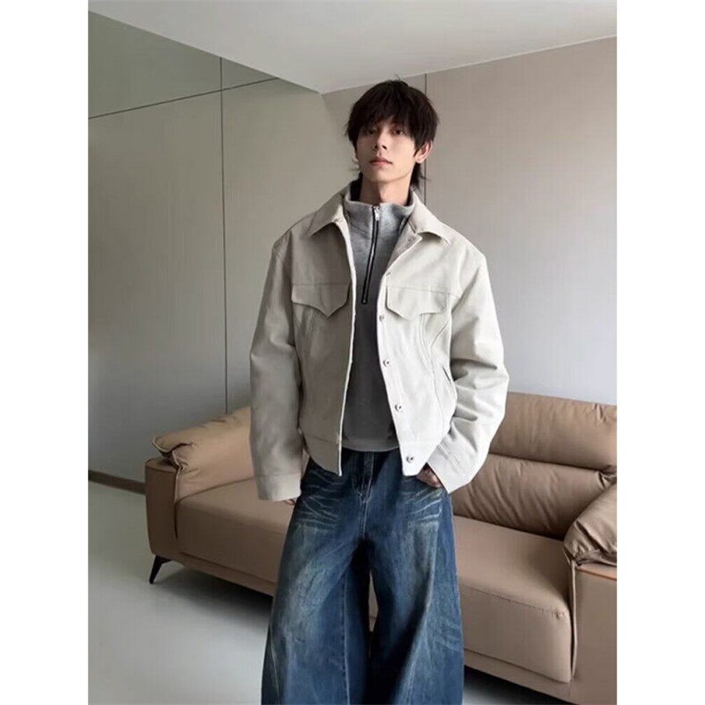 纯色外套男款2025春款杏色帆布工装廓形飞行员夹克休闲上衣,男装夹克,星座506A