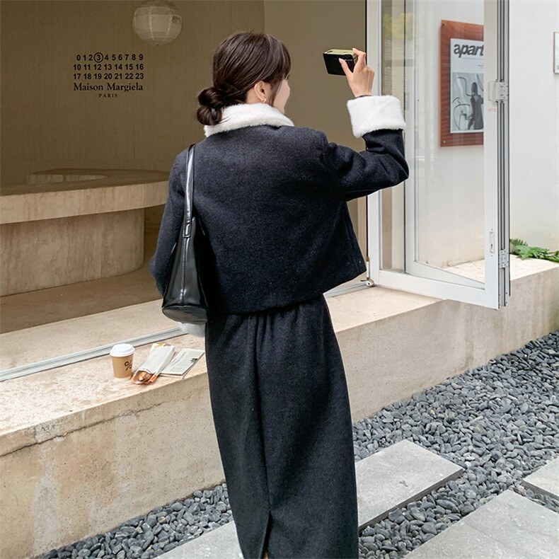 赫本风优雅拼接毛领羽绒内胆加厚半裙套装F698-P215-K328,女装套装/套裙,2C255
