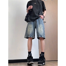 复古蓝闪电纹牛仔短裤男款夏季美式水洗做旧潮牌直筒裤子XXF620，男装牛仔裤，星座208-5