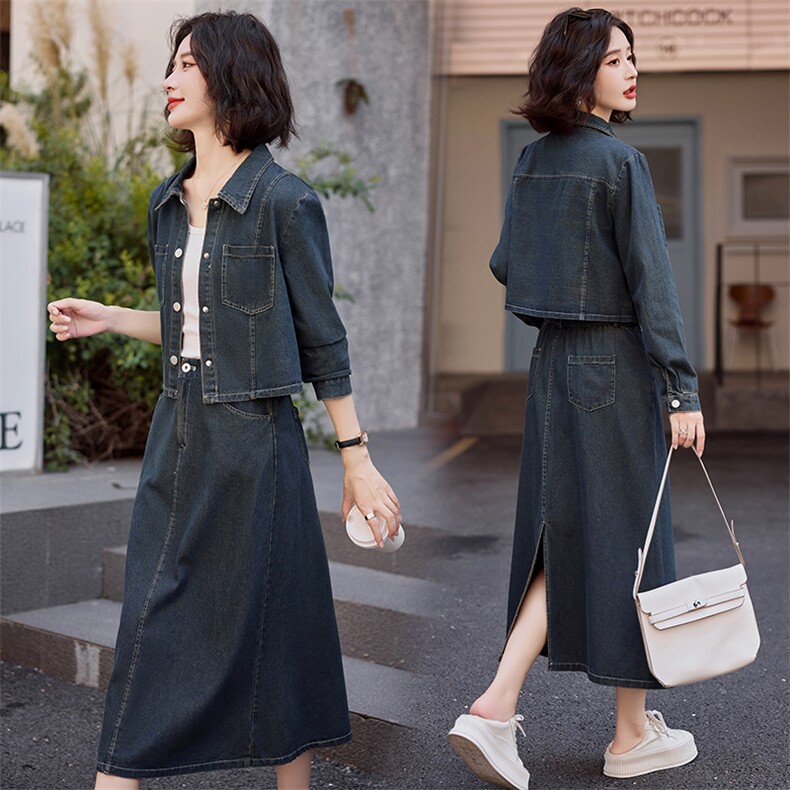 【现货新品】新款时髦减龄牛仔外套半裙两件套2024秋季新品,女装套装/套裙,慕依路
