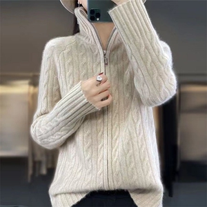 秋冬新款羊毛开衫女高领拉链麻花毛衣外套厚针织衫外搭图片