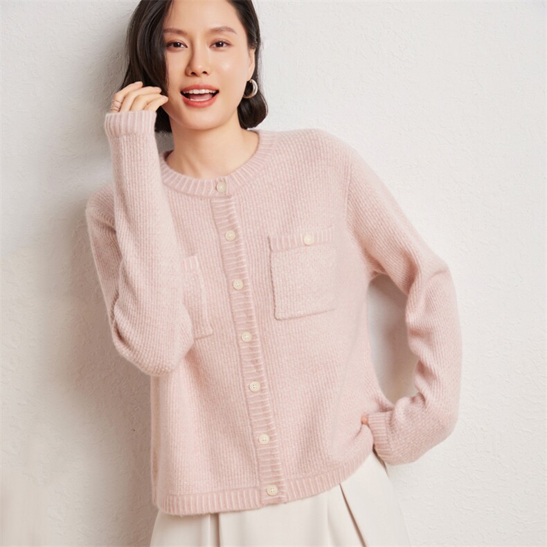 时尚女士花纱羊绒开衫 优雅百搭 舒适保暖 粉色系甜美风格图片
