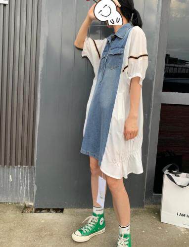 拼牛仔连衣裙，女装连衣裙，卡笛琇