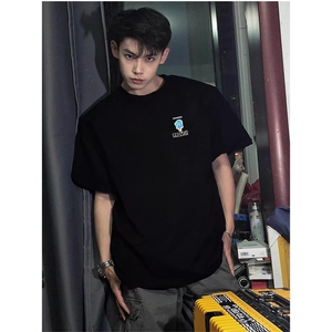 抖音得物供货210克现货宽松纯棉美式潮牌印花落肩袖纯棉T恤AT2180图片