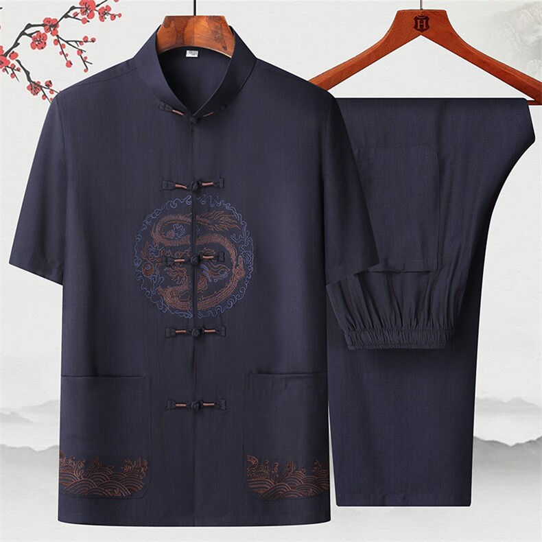2025夏季薄款高端风棉麻绣花短袖衬衫唐装汉服套装2312-P95,男装衬衫,星座1105-3