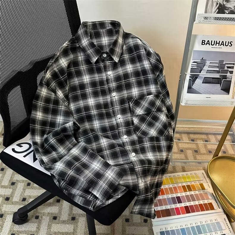 美式复古潮牌格子衬衫男秋季高级感宽松情侣衬衣外套CY1025-P38,男装衬衫,星座412-2