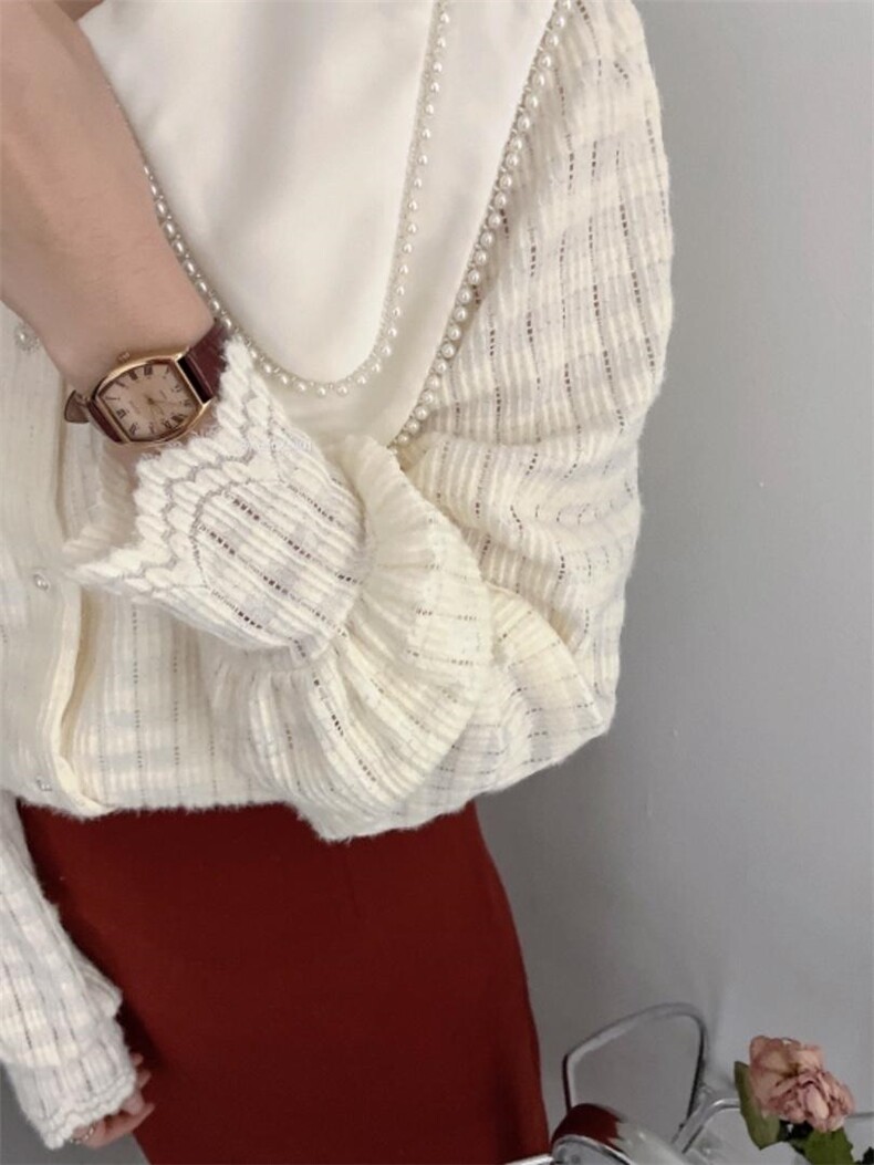 双珍珠领蕾丝磨毛上衣，其它，新袖