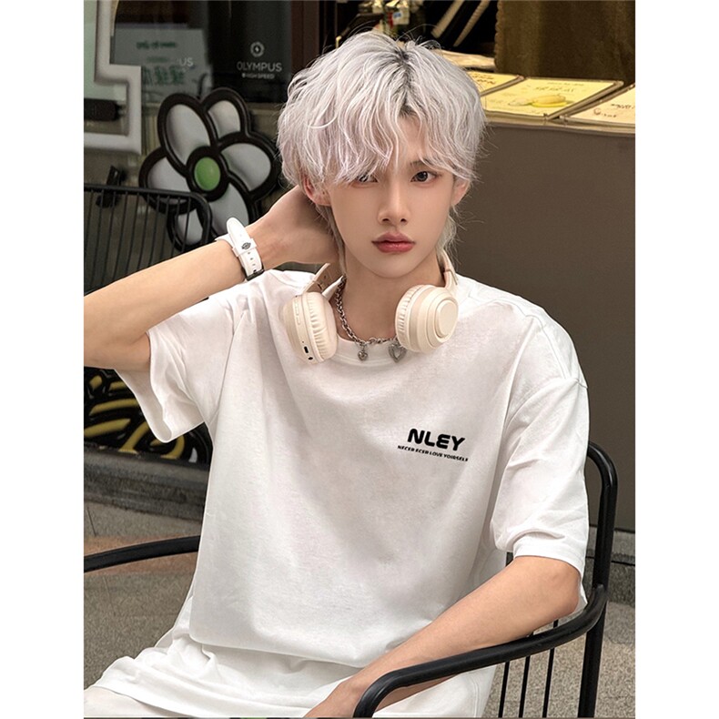 抖音得物供货210克现货宽松纯棉美式潮牌印花落肩袖纯棉T恤AT2141,男装T恤,电商A443