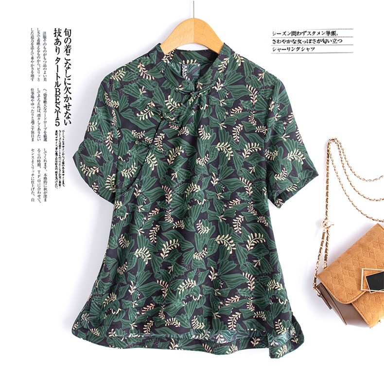 水衣源2749款雪纺印花旗袍领斜门襟小衫女，女装蕾丝衫/雪纺衫，水衣源