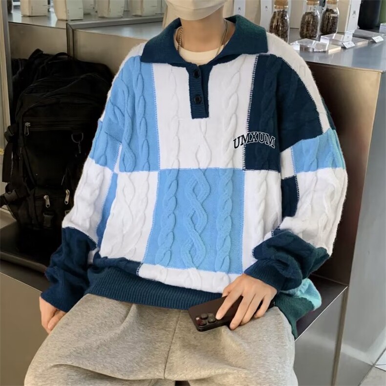 花条纹毛衣男女早秋日系复古九宫格拼色Polo针织衫CM732P65,男装针织衫/毛衣,星座1116-2